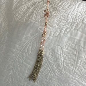 Blush Pink Long Necklace with Knot and Gold Chain Tassel